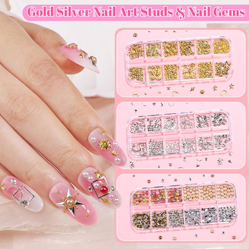 Umillars 9 Boxes Nail Art Rhinestones Kit with 30 Sheets Nail Art Stickers, Gold Nail Studs Nail Sequins Flatback Pearls Rhinestones for Crafts, Small Fruit Nail Charms Tiny Gems for Nails DIY Decorations - Image 3